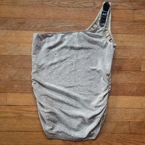Vtg 90s cold shoulder gold foil look sexy club kid Takara tank top eras disco L